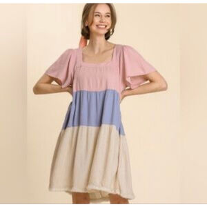 Women's Umgee Pink Blue Beige Colorblock Tiered Dress L Cottage Soft Girl Vacay
